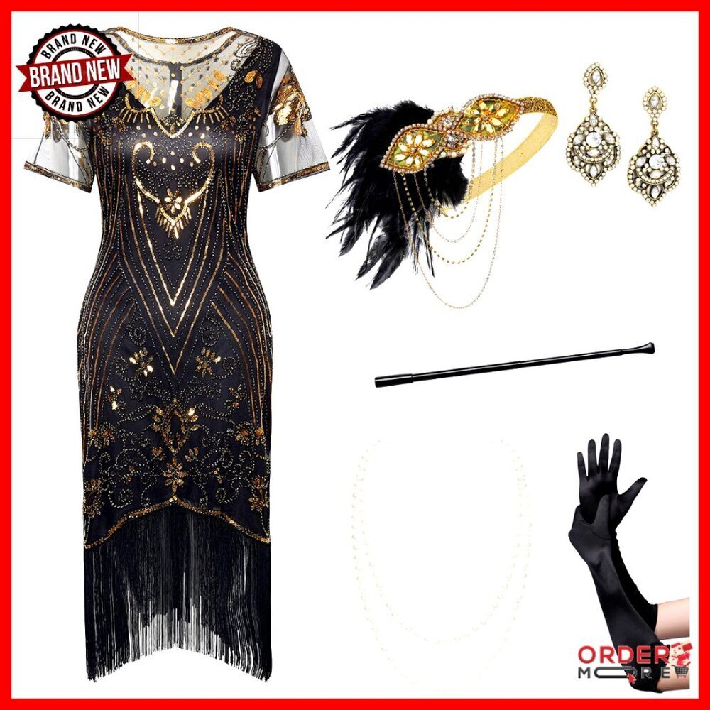 1920s Sequin Beaded Flapper Dress Set with Fringe Mesh Sleeves